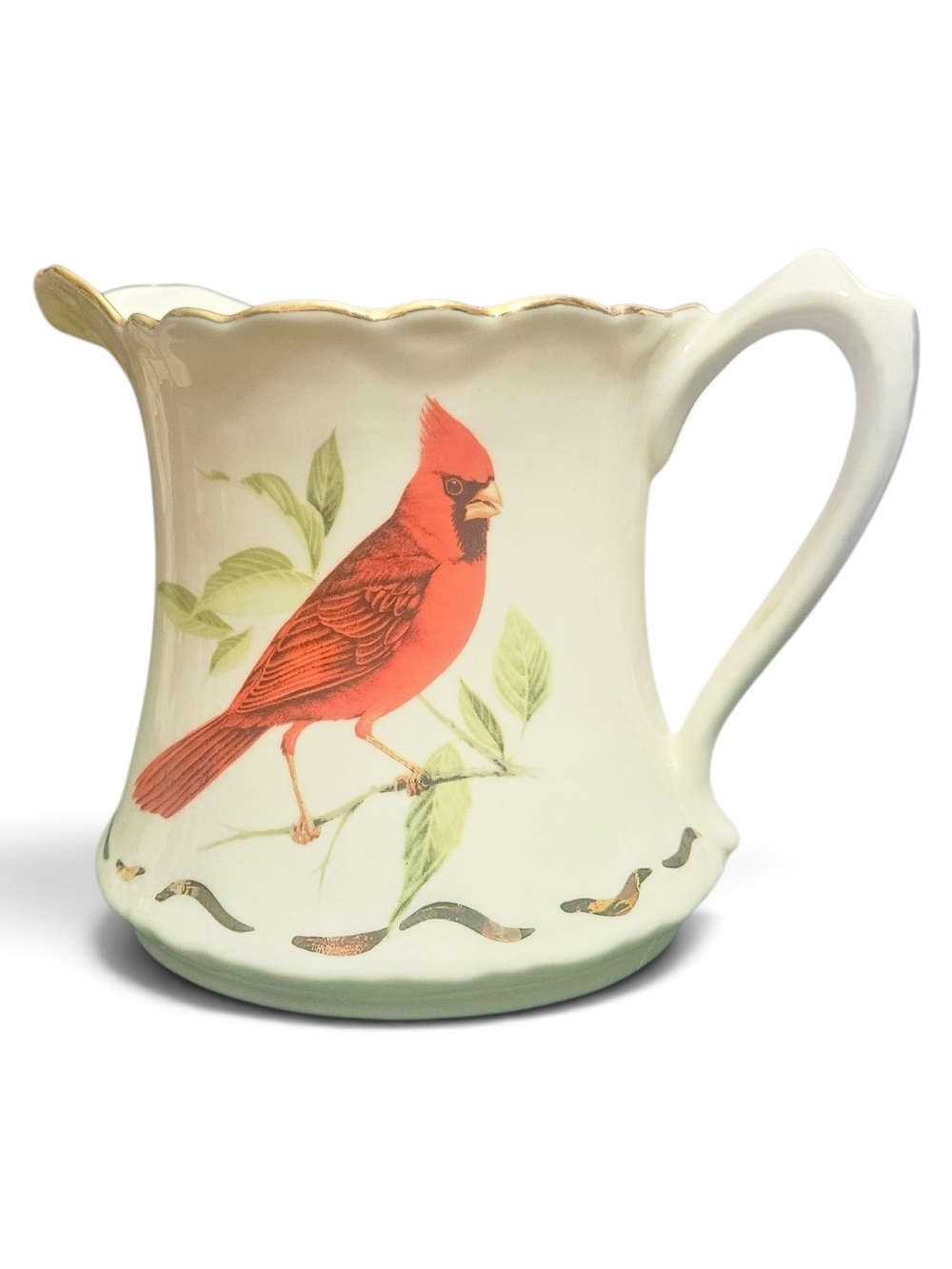 Vintage Mid Century Porcelain Cardinal Pitcher 6" Scalloped Gold Trim Pitcher